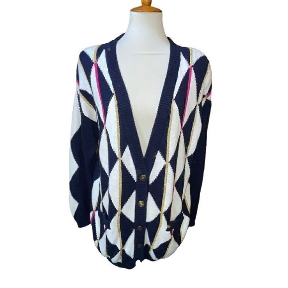 Concepts Button Down Geometric Multi Color Long Sleeve Navy Blue& White Cardigan - Picture 5 of 10